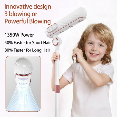 Child using Hands Free High Speed Hair Dryer With Floor Stand 110000 RPM Brushless Motor Ionic Negative Ion Tech Ultra Quiet Three Air Outlets Remote Control Low Noise Fast Dry For Home Salon.