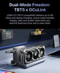 Heavy Duty Dual Mode Usb4 And OcuLink Egpu Dock With Straight Up 80Gbps Speeds Integrated M2 Nvme Bay ATX SFX Power Hookup Thunderbolt 5 Ready PC Gaming Rig Extender with dual fans, connected to a laptop.