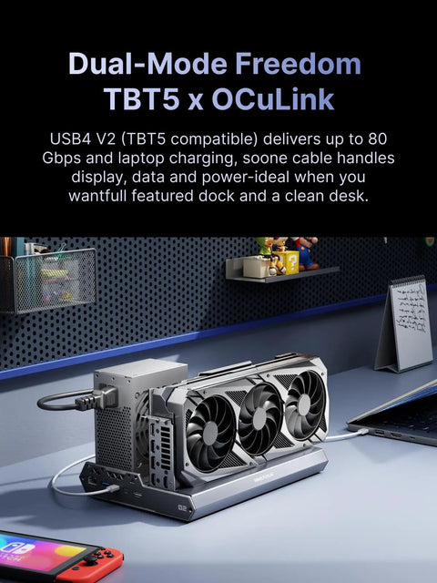 Heavy Duty Dual Mode Usb4 And OcuLink Egpu Dock With Straight Up 80Gbps Speeds Integrated M2 Nvme Bay ATX SFX Power Hookup Thunderbolt 5 Ready PC Gaming Rig Extender with dual fans, connected to a laptop.