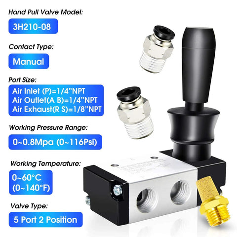3 Way 2 Position Hand Pull Pneumatic Valve 1/4 NPT Air Control No Fuss Manual Push Pull On Off Operation For 1/4 Inch Tubing
