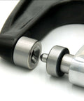 Close-up of Four Piece 100 Degree Dimple Die Set for Sheet Metal installed on a hand rivet squeezer, showing metal construction.