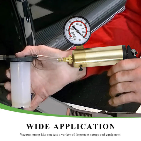 Grease Monkey Approved Single Handed Brake Bleeder Vacuum Pump Kit with precision gauge in use for fluid flushing.