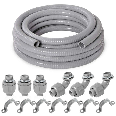 Flexible Liquid Tight PVC Electrical Conduit Kit Three Quarters Inch Diameter 25 Feet Outdoor Non Metallic Grey with fittings