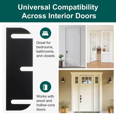 Collage featuring black door hinge shim, compatible with interior doors; part of Door Hinge Shims Repair Kit, 10 Pcs 3.5 Inch Hinge Spacers.