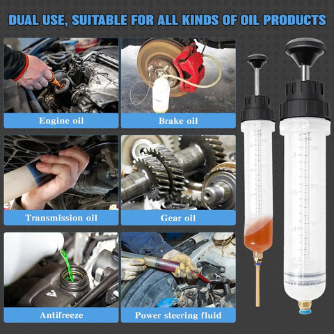 Ultimate 200Cc Fluid Extractor Pump For Oil Gas Power Steering Brake And Transmission shown in use with various fluids.