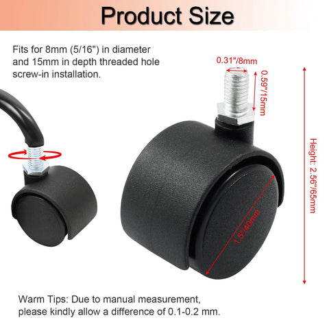 Image showing four 1.5 inch swivel caster wheels with 8 mm M8 threaded stem, heavy-duty nylon casters for furniture, black, 40 mm diameter, 65 mm height.