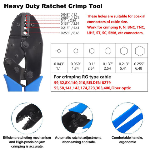 Close-up of heavy-duty ratchet crimp tool for coaxial cables, featuring various hole sizes and blue ergonomic handle.