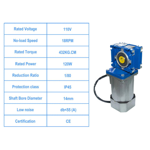 Blue side-view of AC worm gear reducer motor, 120W, 110V, 18RPM no-load speed, 1:80 reduction, 14mm shaft bore.