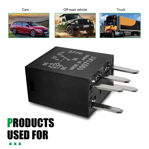 Heavy Duty 12 Volt 5 Pin Fuel Pump Relay Pair Straight Swap automotive electrical component, black relay visible with metal pins.