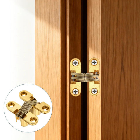 4 Pack Hidden Cabinet Door Hinges 1.65 Inch By 0.45 Inch 180 Degree Concealed Cross Hinge For Wooden Boxes And Invisible Doors With Screws Gold Finish Durable Build, installed on wooden cabinet door