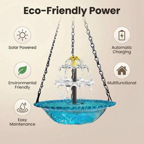 Sun Powered Hanging Bird Bath Fountain With Glass Bowl Cascade Solar Pump No Wiring Outdoor Water Feature For Garden Patio Or Yard In Blue That Attracts Backyard Birds And Runs Automatically In Sunshine Super Easy Setup.