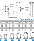 Diagram and comparison of 304 Stainless Steel Bow D Ring Shackles Heavy Duty Screw Pin Anchor Shackle Set 5/32 Inch sizes