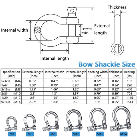 Diagram and comparison of 304 Stainless Steel Bow D Ring Shackles Heavy Duty Screw Pin Anchor Shackle Set 5/32 Inch sizes