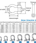 Diagram of Bow Shackle size specifications including dimensions for Beefy Heavy Duty 304 Stainless Steel Bow Shackle Screw Pin Anchor D Ring Rigging Hardware 5/32 Inch 8 Pack Deck Ready Marine Chain Link Kit For Boats And Trucks.