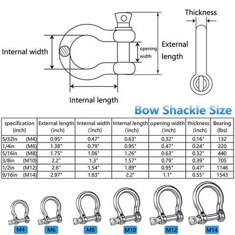 Diagram of Bow Shackle size specifications including dimensions for Beefy Heavy Duty 304 Stainless Steel Bow Shackle Screw Pin Anchor D Ring Rigging Hardware 5/32 Inch 8 Pack Deck Ready Marine Chain Link Kit For Boats And Trucks.