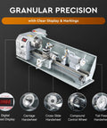 Benchtop Mini Metal Lathe With Nine By Twenty Four Inch Capacity 1100 Watt Brushless Motor 3000 Rpm Spindle Three Jaw Chuck Lcd Display showing digital speed display and controls.