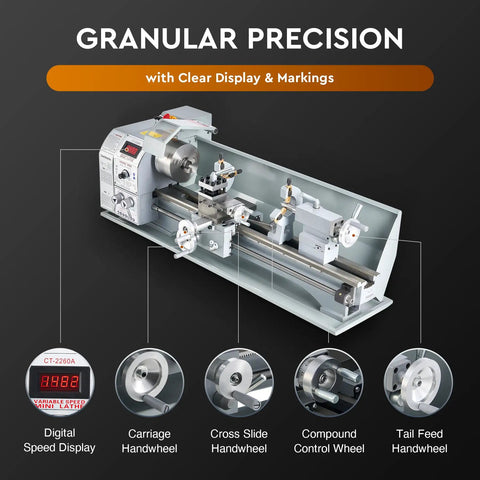 Benchtop Mini Metal Lathe With Nine By Twenty Four Inch Capacity 1100 Watt Brushless Motor 3000 Rpm Spindle Three Jaw Chuck Lcd Display showing digital speed display and controls.