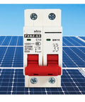 Premium Heavy Duty Two Pole Dc Solar Circuit Breaker Built Like A Tank For Photovoltaic Arrays Up To 1000 Volts against solar panel backdrop.