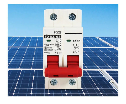 Premium Heavy Duty Two Pole Dc Solar Circuit Breaker Built Like A Tank For Photovoltaic Arrays Up To 1000 Volts against solar panel backdrop.