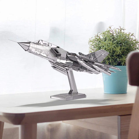 3D Metal Puzzle Tornado Fighter Jet Kit for Adults and Teens, 83-Piece DIY Military Aircraft Model on a desk with plant