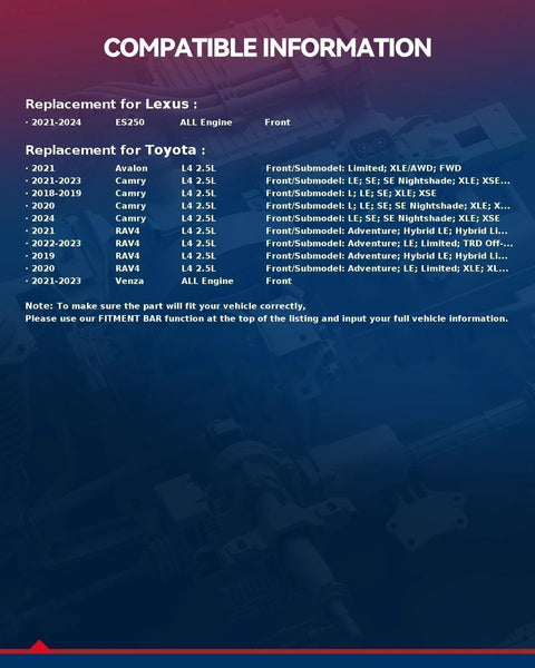 Compatibility information for Pair Front Wheel Bearing And Hub Assembly For Toyota RAV4 And Camry Perfect Fit 2019 To 2023 AWD And FWD Models Venza 2021 To 2023 Avalon AWD 2021 To 2024 Premium Hub Assembly Set