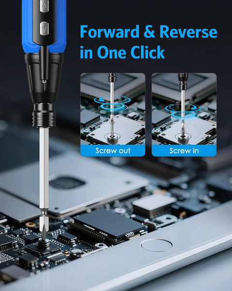 2 In 1 Cordless Electric Screwdriver With LED Light And USB Charging illustrating forward and reverse modes on electronics