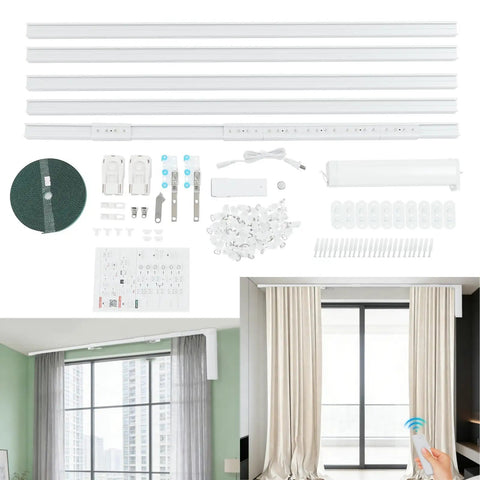 Electric Curtain Track With Retractable Motor For 7 To 17 Feet, Smart App Control And Manual Override, Auto Curtain Opener With Gentle Pull Activation, No Fuss Fit For I Rail And U Rail Systems, Ideal For Modern Smart Home Curtain Automation, white track kit and remote