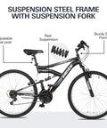 24 Inch Kids Mountain Bike With Dual Full Suspension And 6 Speed Drivetrain, High Carbon Steel Frame, displayed with labeled features