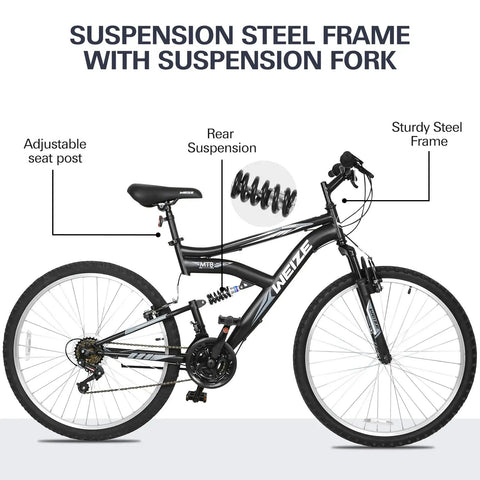 24 Inch Kids Mountain Bike With Dual Full Suspension And 6 Speed Drivetrain, High Carbon Steel Frame, displayed with labeled features