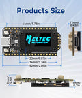 All-In-One ESP32 LoRa V4 Development Board with SX1262 Module, showing dimensions, 0.96 Inch OLED Display, WiFi Bluetooth, GPS.