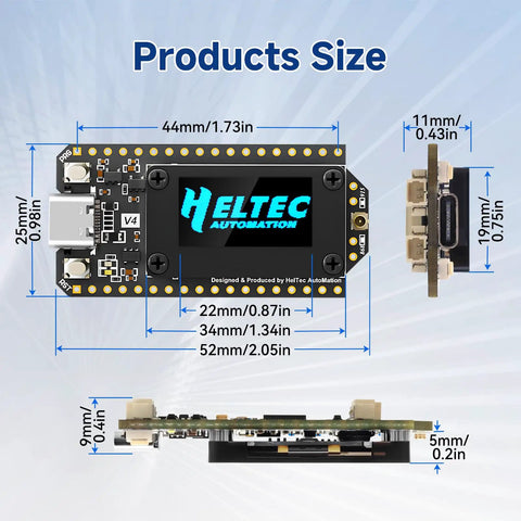 All-In-One ESP32 LoRa V4 Development Board with SX1262 Module, showing dimensions, 0.96 Inch OLED Display, WiFi Bluetooth, GPS.