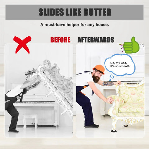 Illustration showing easy furniture slide with Round 16 Piece Furniture Moving Kit With Pro Grade Felt Pads
