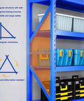 Heavy Duty Four Tier Garage Shelving Rack With Rock Solid Steel Frame And Fully Adjustable Metal Platforms Built Tough, showing triangular structure for stability.