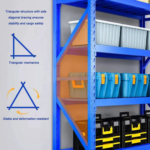 Heavy Duty Four Tier Garage Shelving Rack With Rock Solid Steel Frame And Fully Adjustable Metal Platforms Built Tough, showing triangular structure for stability.