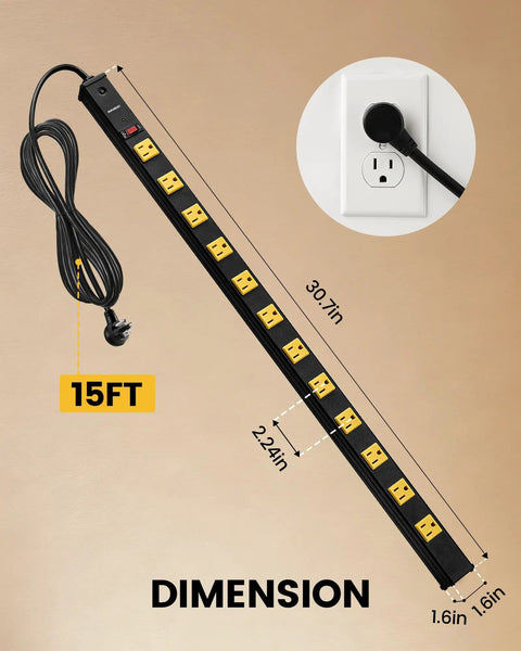 12 Outlet Heavy Duty Metal Power Strip With Surge Protector 15 Foot Extension Cord Wide Spaced Outlets Flat Plug Diagram