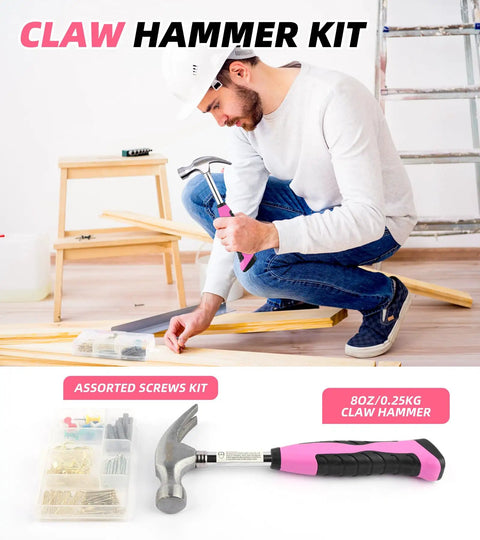 Man using claw hammer from Pink Tool Kit 140 Piece Set For Women And Girls With 14 Inch Tool Bag DIY Home Repairs Portable Household Essentials Great For Dorms And Small Apartments.