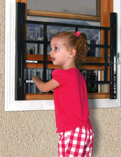 Child near a window with Carbon Steel Fixed 4 Bar Window Grill Guard For Home Security And Kid Safe Protection, Adjustable From 23.5 Inches To 38 Inches, Bronze Finish Non Egress Design installed.
