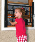 Kid Proof Window Guard With Tamper Resistant Screws, Non Egress Fixed Design, White Finish, child in front of window guard