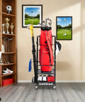 Three Tier Golf Bag Storage Rack For Garage Keeps One Bag Plus Extra Clubs Shoes Balls Towels And Accessories Pro Style Gear Organizer in a home setting
