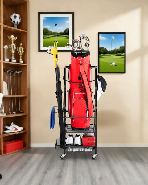 Three Tier Golf Bag Storage Rack For Garage Keeps One Bag Plus Extra Clubs Shoes Balls Towels And Accessories Pro Style Gear Organizer in a home setting