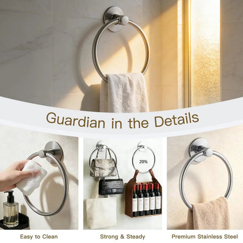 Collage of Self Adhesive Towel Ring Wall Mount Brushed Nickel SUS304 Stainless Steel Rustproof Hand Towel Holder in use