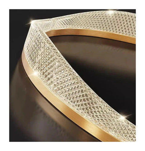 Close-up of Modern Stairs Ring Ceiling Lights Led Chandelier with crystal texture and gold trim, ideal for indoor decoration.