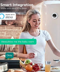 Woman in kitchen using Indoor Security Camera 4MP WiFi With 2 Way Audio For Home Use with Alexa, shows baby monitor display