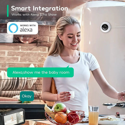 Woman in kitchen using Indoor Security Camera 4MP WiFi With 2 Way Audio For Home Use with Alexa, shows baby monitor display