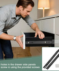Buttery Smooth Steel Drawer Slides 17 Inch Full Extension Side Mount Two Pack With Heavy Duty Ball Bearing Rails And Black Finish For Easy Cabinet Upgrade Includes Hardware being installed in a drawer.