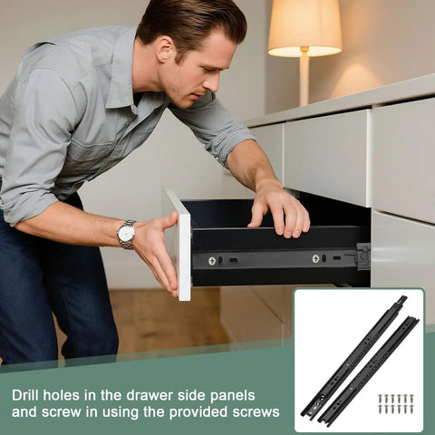 Buttery Smooth Steel Drawer Slides 17 Inch Full Extension Side Mount Two Pack With Heavy Duty Ball Bearing Rails And Black Finish For Easy Cabinet Upgrade Includes Hardware being installed in a drawer.
