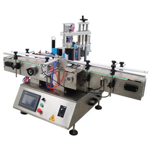 Slick Automatic Desktop Labeler With Heavy Duty Chain Conveyor for round square bottles, efficient liquid labeling system.