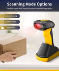 Rugged Industrial Bluetooth Barcode Scanner With QR And 2D And 1D Capability on charging stand scanning box