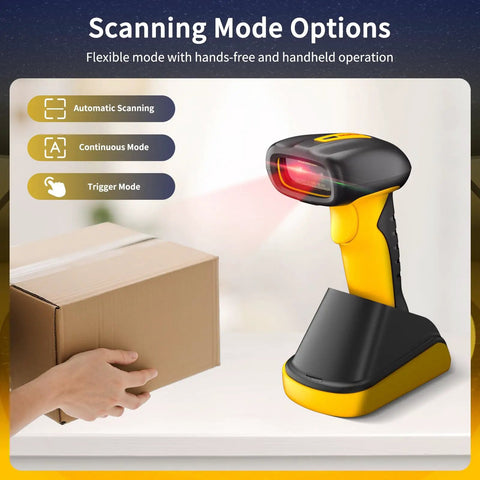 Rugged Industrial Bluetooth Barcode Scanner With QR And 2D And 1D Capability on charging stand scanning box