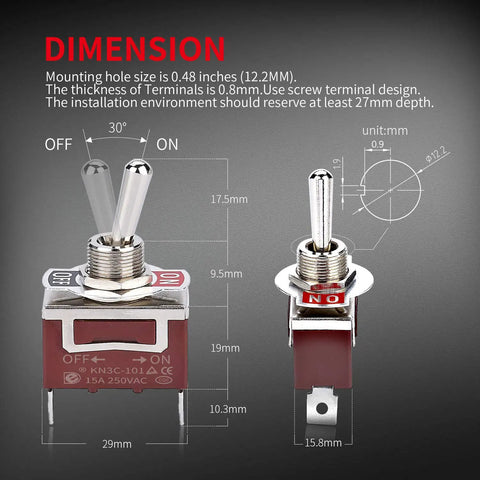 Waterproof SPST Toggle Switch 12V DC 30A Marine Grade Built Tough 2 Pin On Off With Spade Terminals with dimensions shown